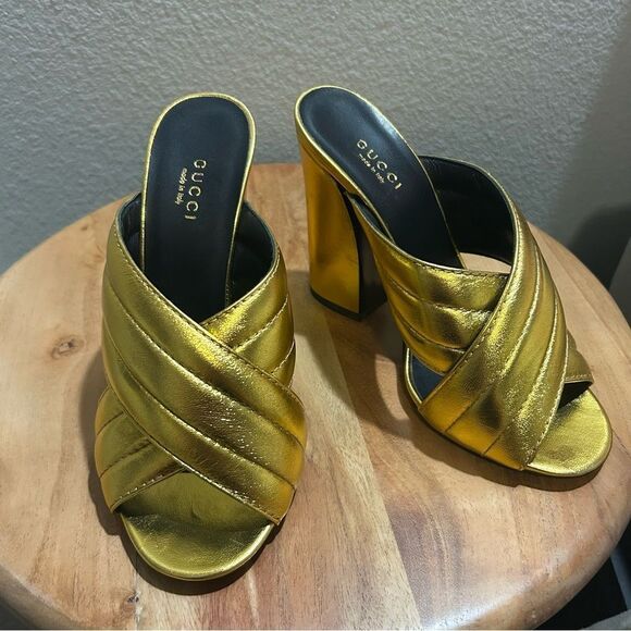 GUCCI Sylvia Metallic Gold Leather Cross Straps Block Heel Sandals​ - Picture 1 of 12